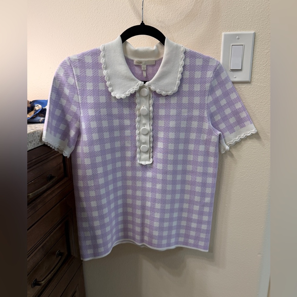 Maje woman’s Lavender Gingham Collared Knit Top with Scalloped Trim - Picture 8 of 8